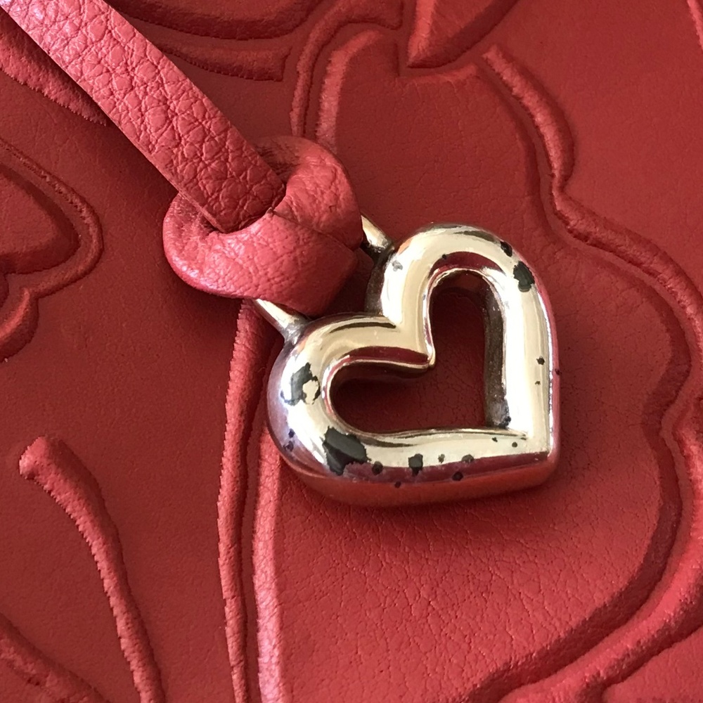 BRIGHTON RED LEATHER EMBOSSED BUTTERFLIES BOHO-CHIC STATEMENT BAG - Picture 3 of 16